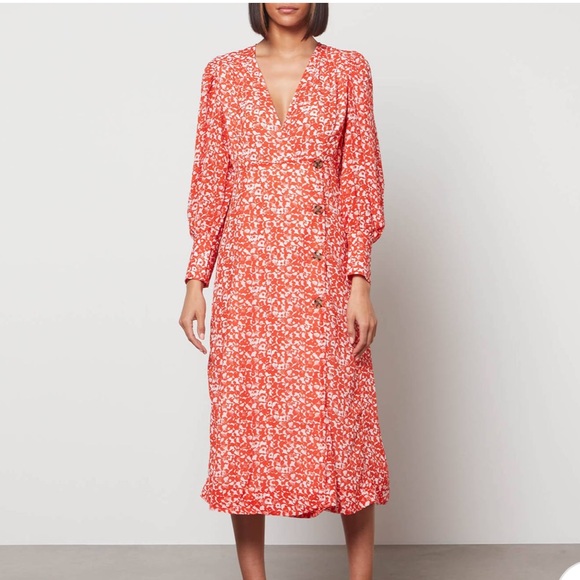 NWT GANNI Balloon-sleeve Floral-print Crepe Midi Dress - Picture 2 of 10